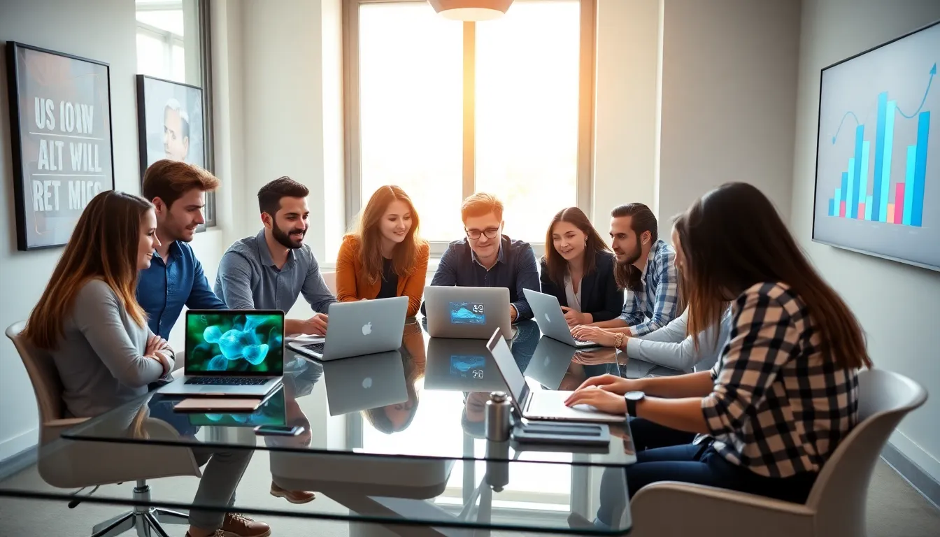 young professionals collaborating in a modern office on mobile app development.