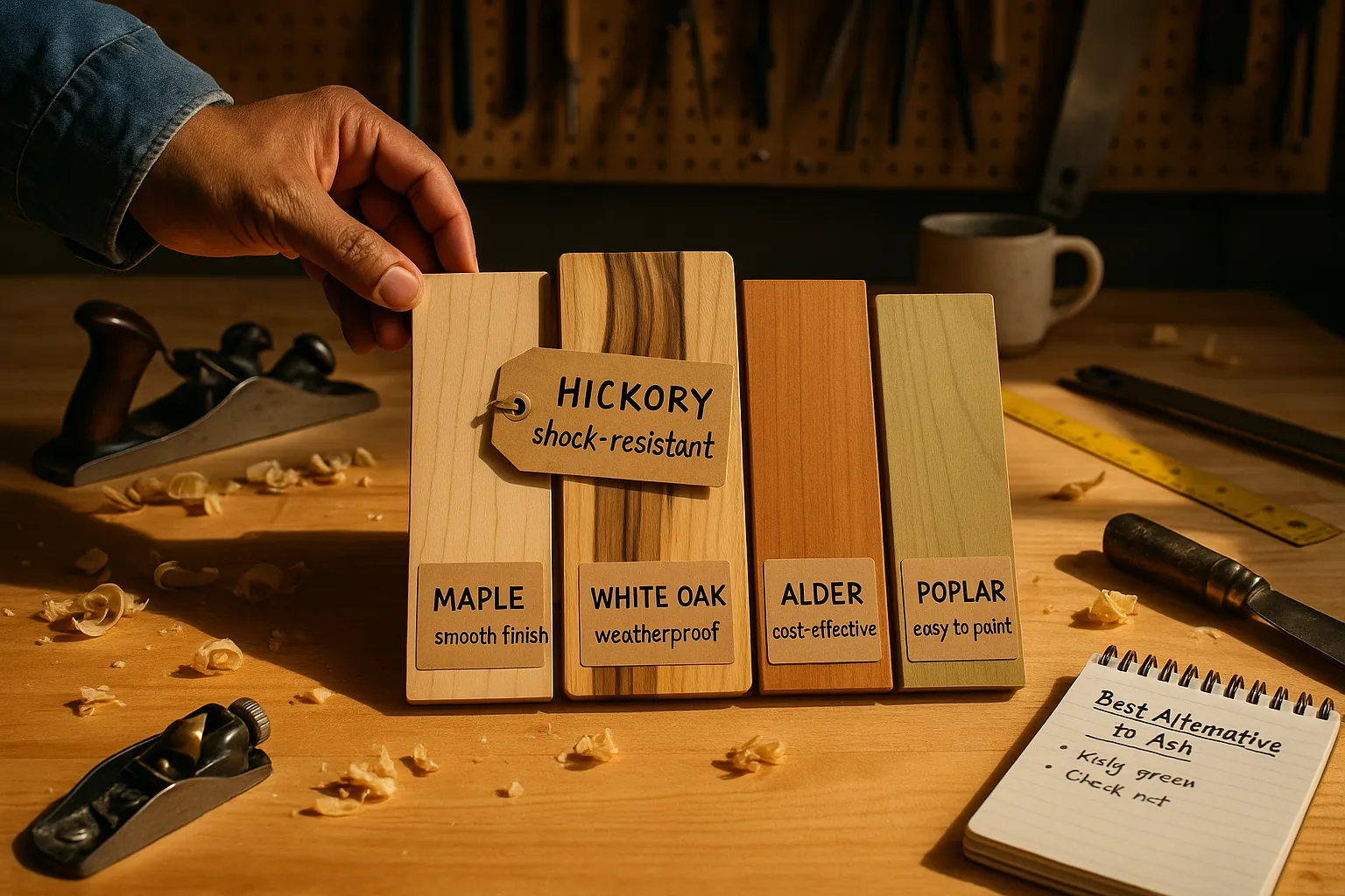 A workshop sample board of five labeled hardwood planks being compared.