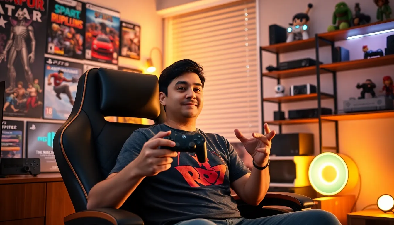 Larry Nando engaging with viewers in his cozy gaming room.