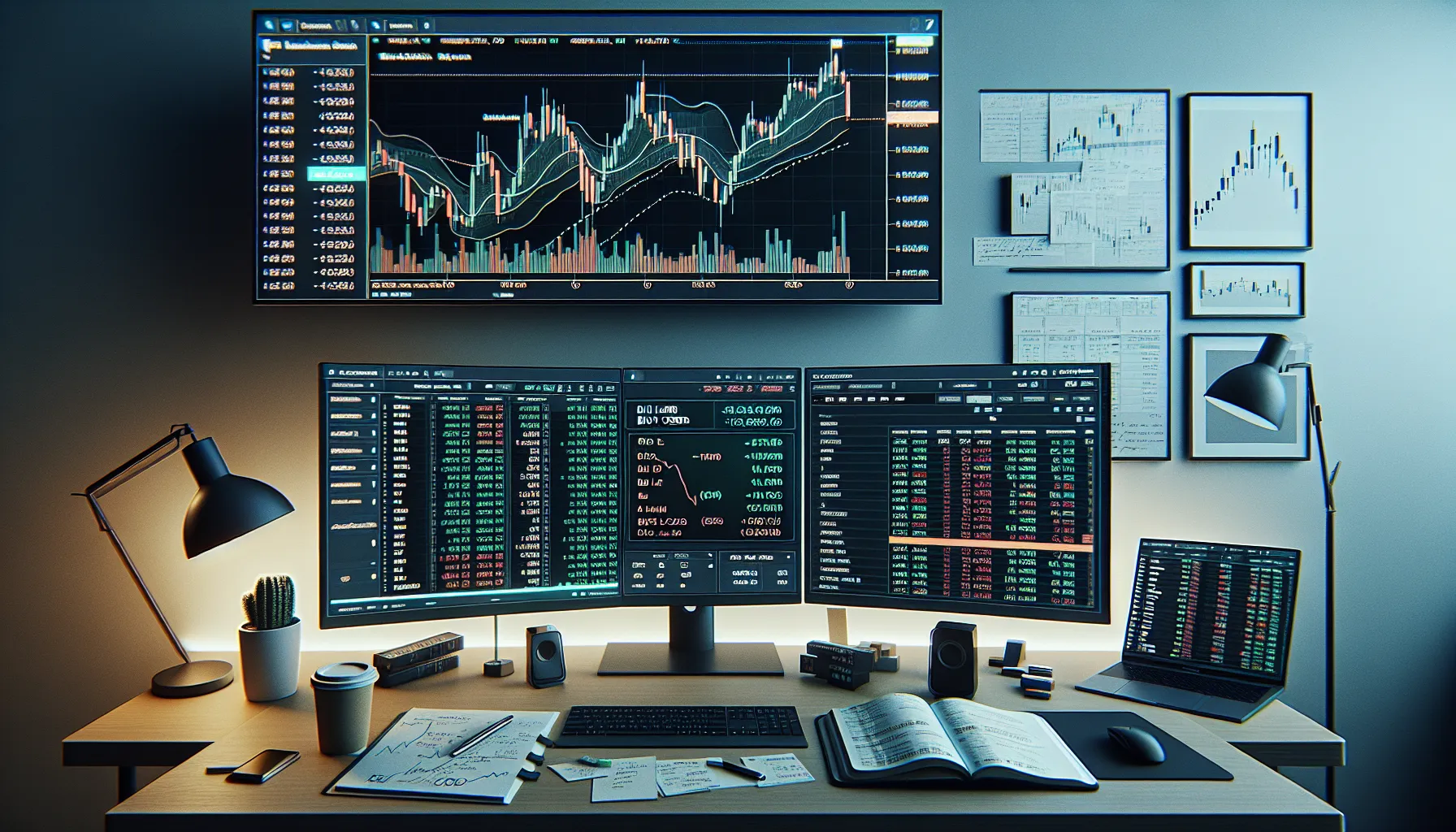 A trading desk with market charts emphasizing limit and stop-loss orders.