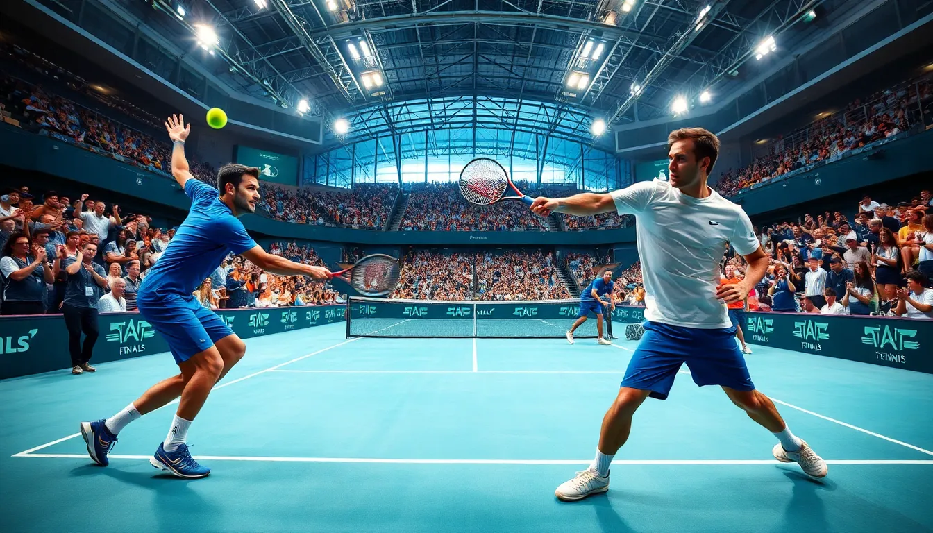 Carlos Alcaraz and Jannik Sinner in an intense ATP Finals match.