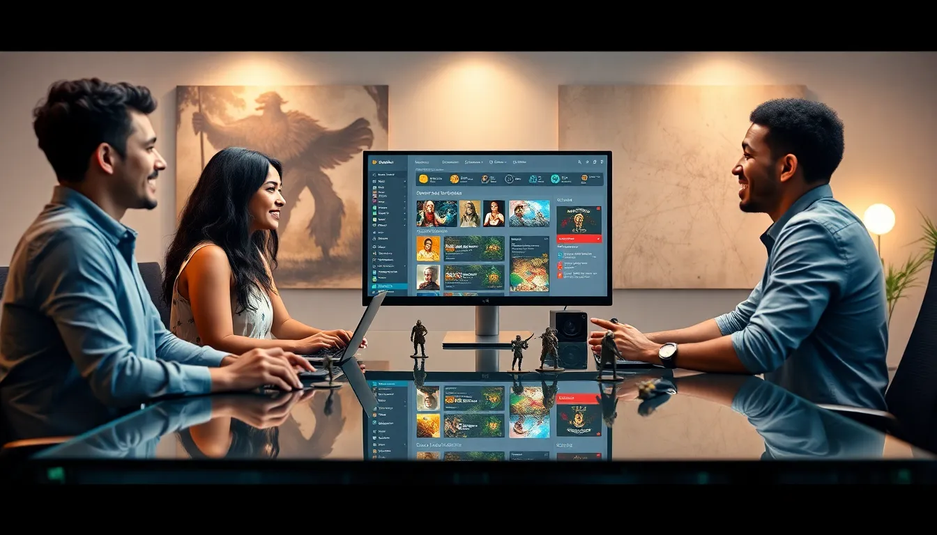 diverse gamers discussing Ck2generator in a modern office.