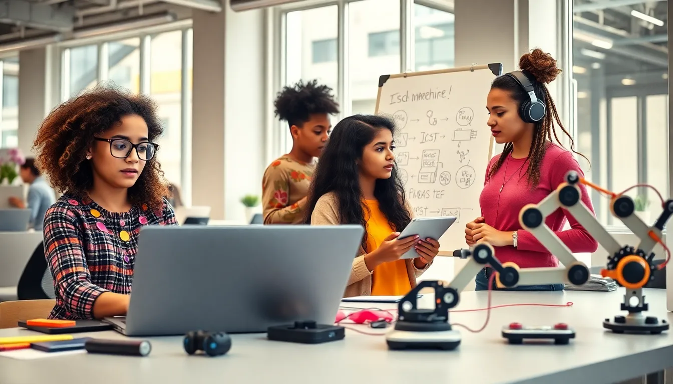diverse young women collaborating in a modern tech workspace.