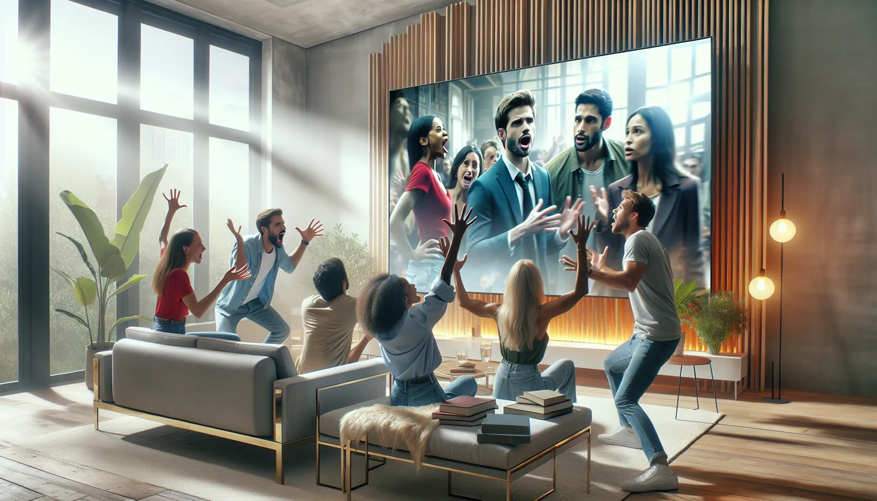 diverse fans discussing the serial wwwkuthira.com in a modern setting.