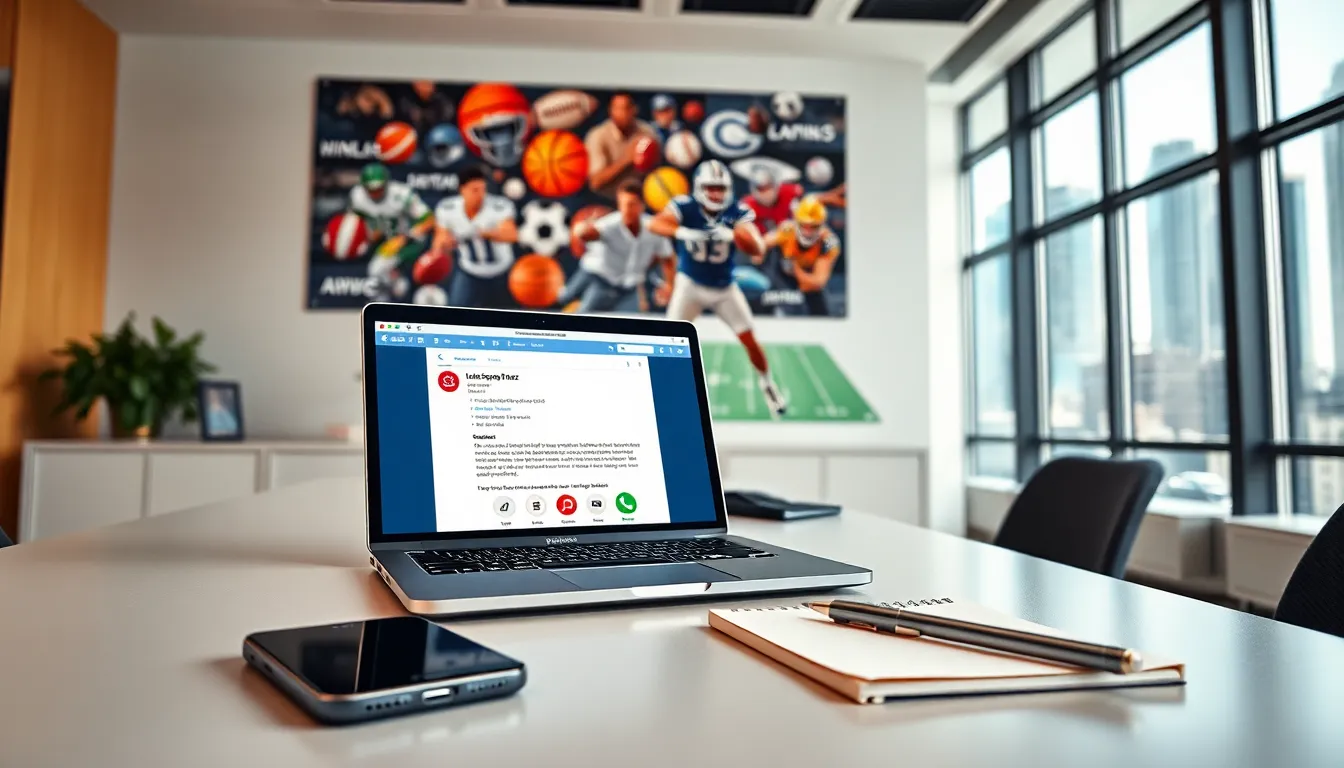 An office desk with a laptop and sports posters, symbolizing contact with Latest Sports Buzz.