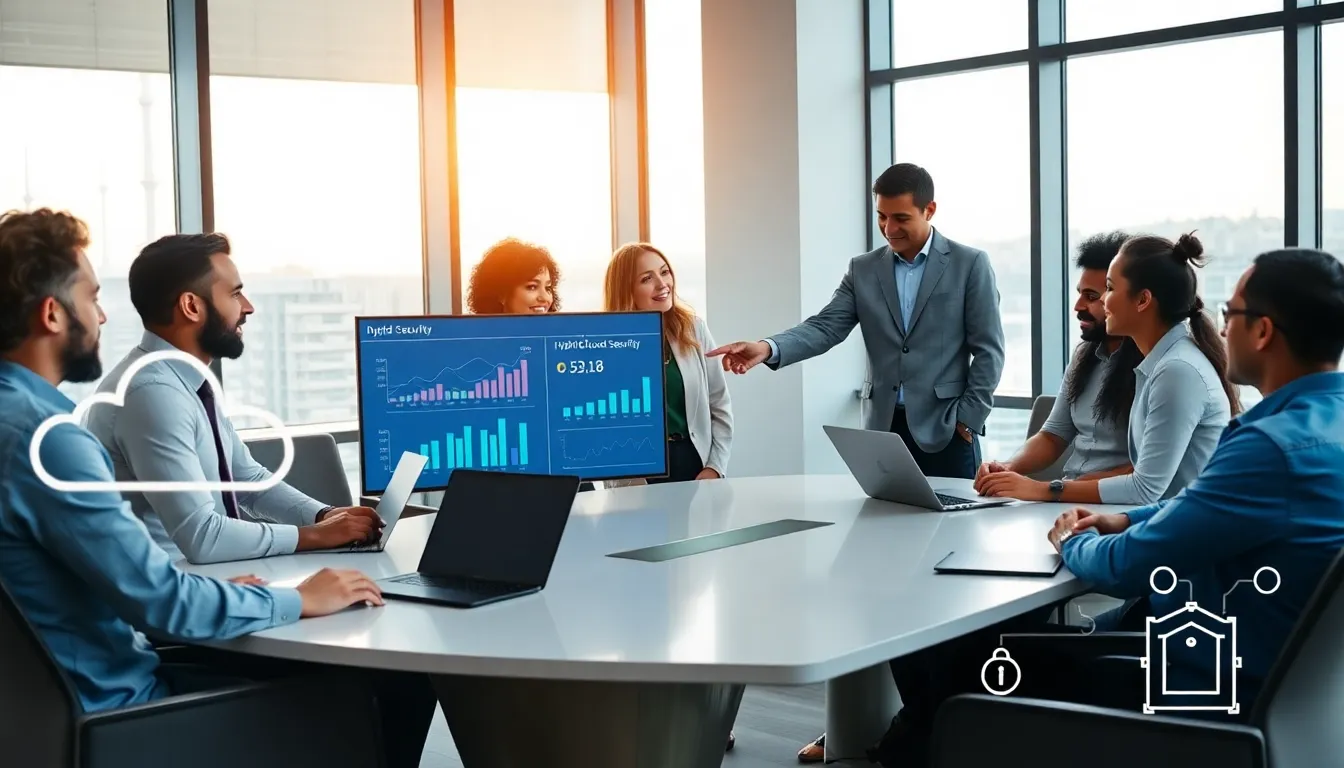 diverse cybersecurity team discussing hybrid cloud security solutions.