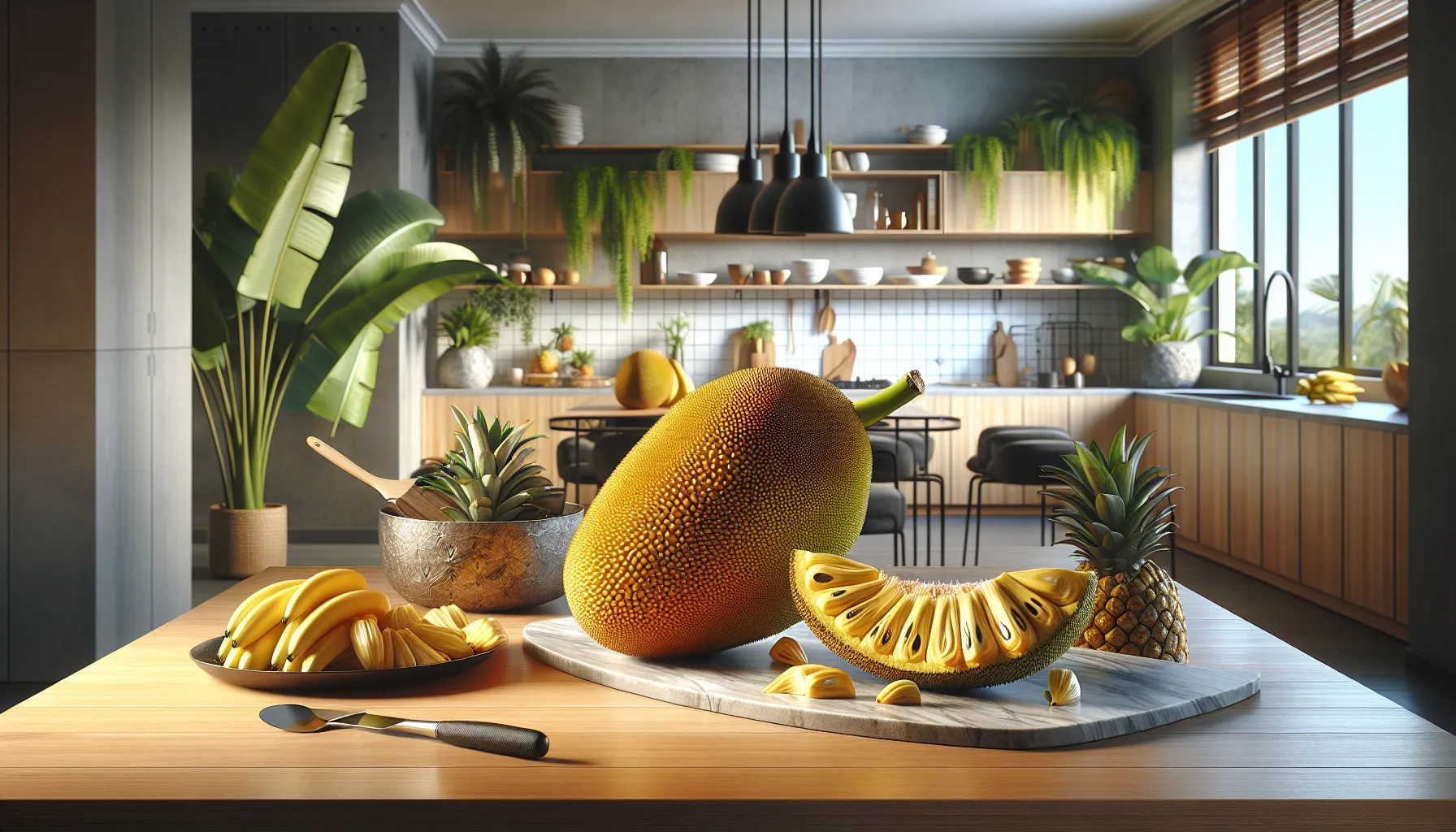 Ripe jackfruit sliced open on a wooden kitchen table.