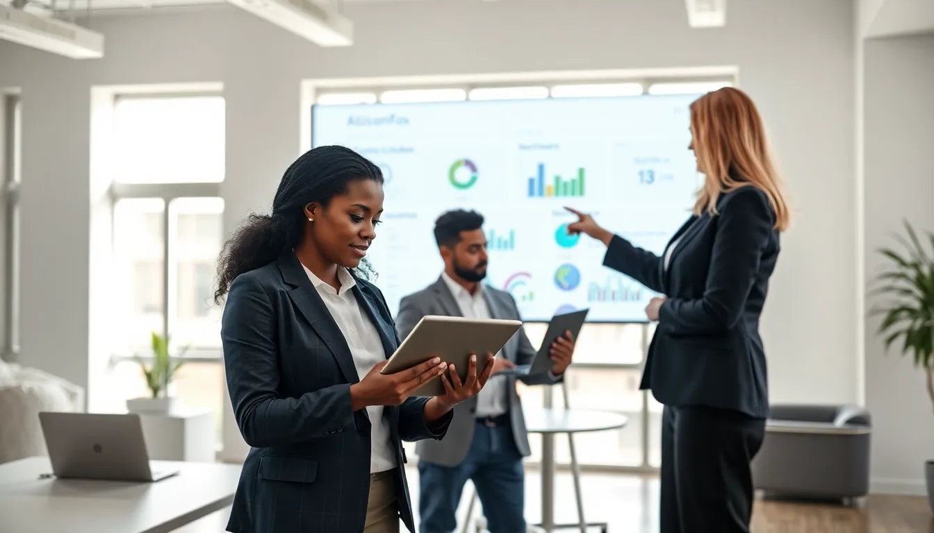 diverse professionals collaborating in a modern workspace using digital tools.