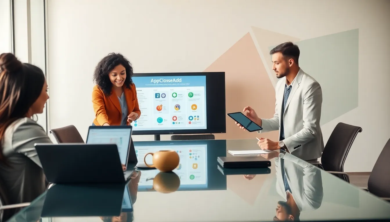 professionals collaborating on app management in a modern workspace.
