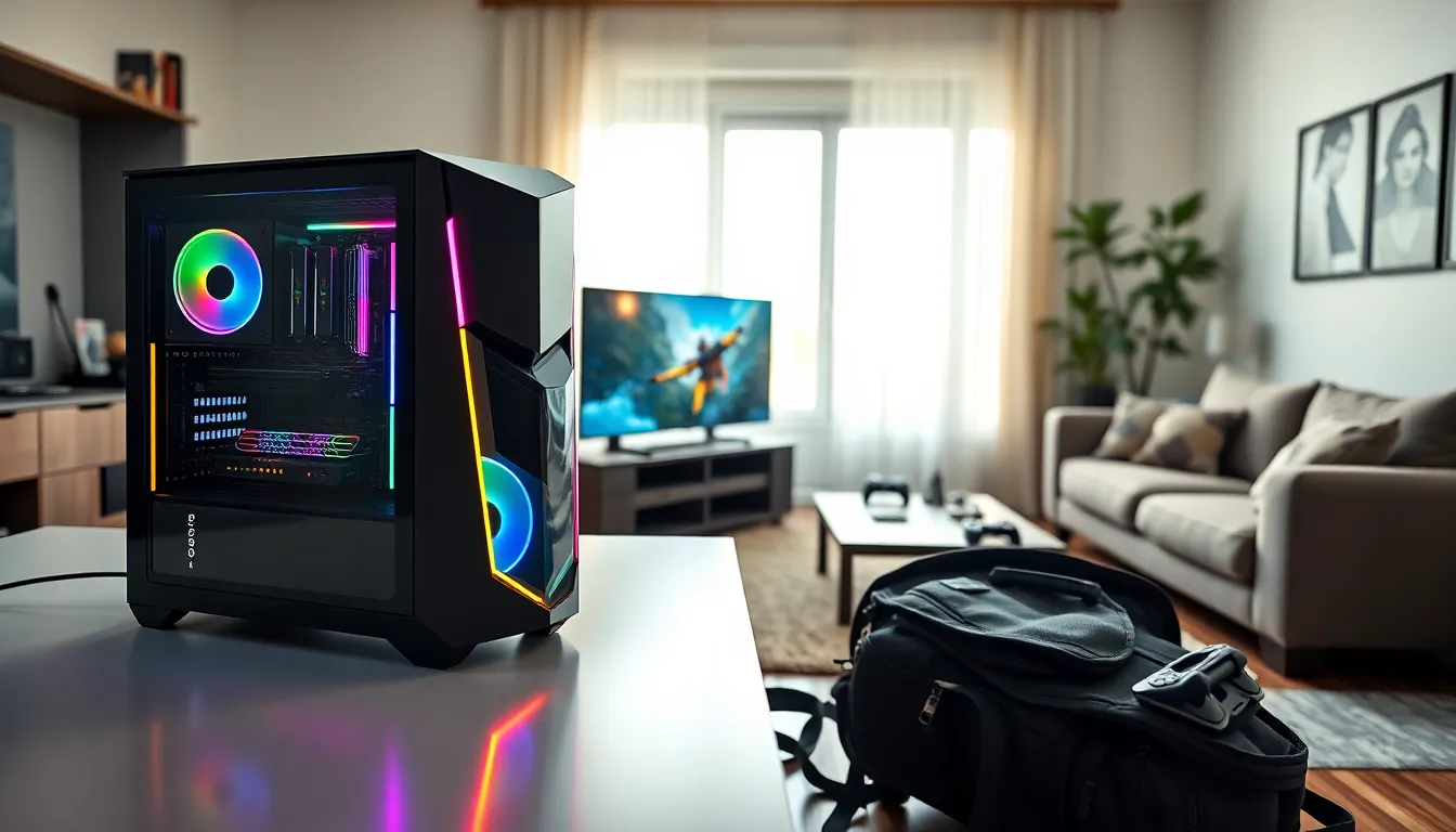 A transport gaming PC on a desk in a vibrant living room.