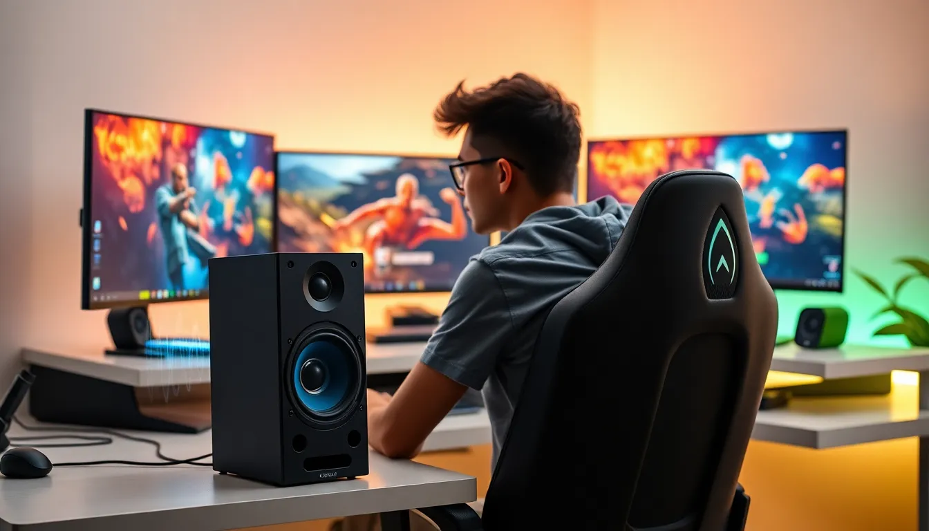 gamer immersed in action with high-quality speakers in a modern setup.