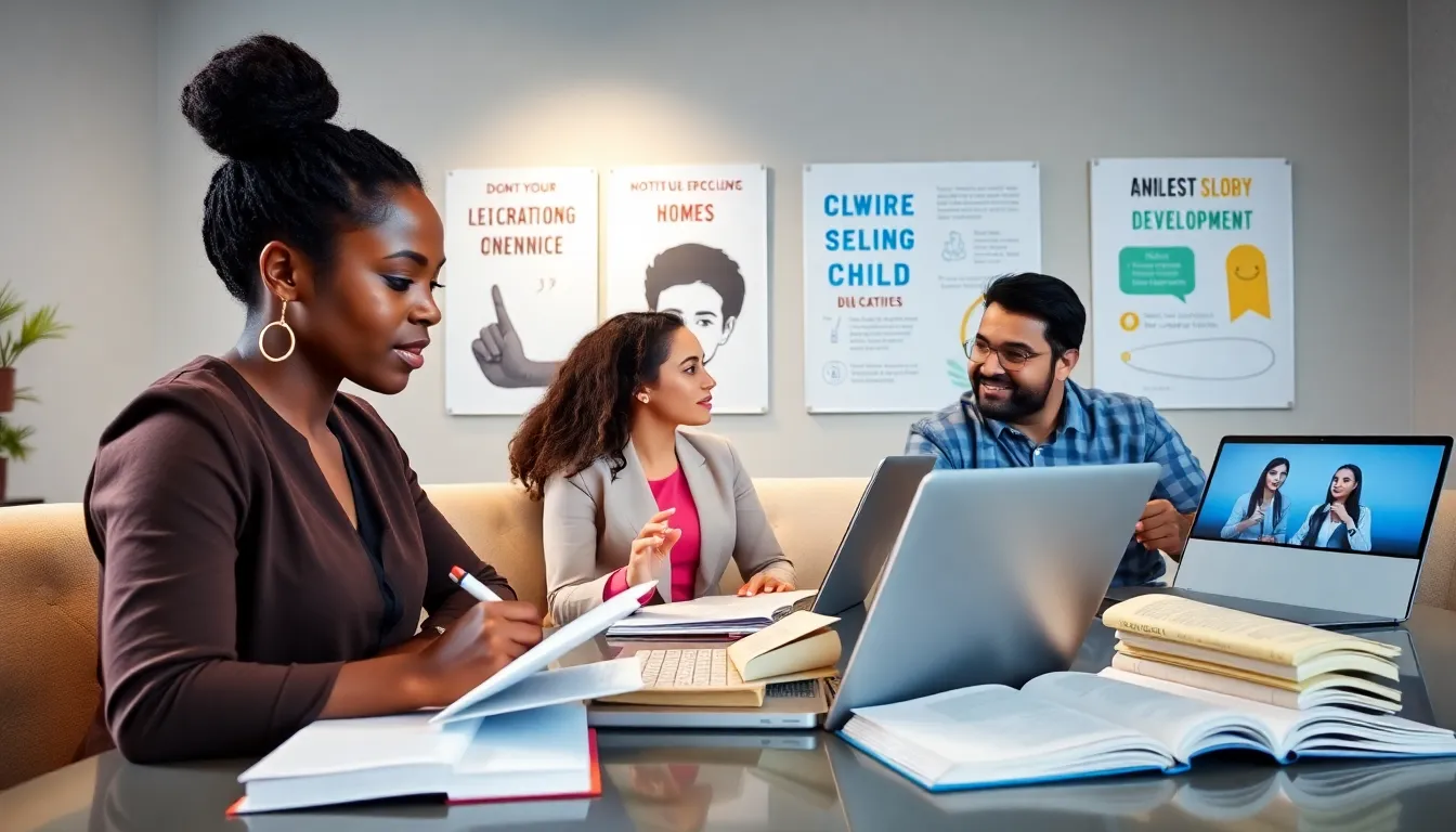 diverse professionals in a virtual classroom for child development degree.