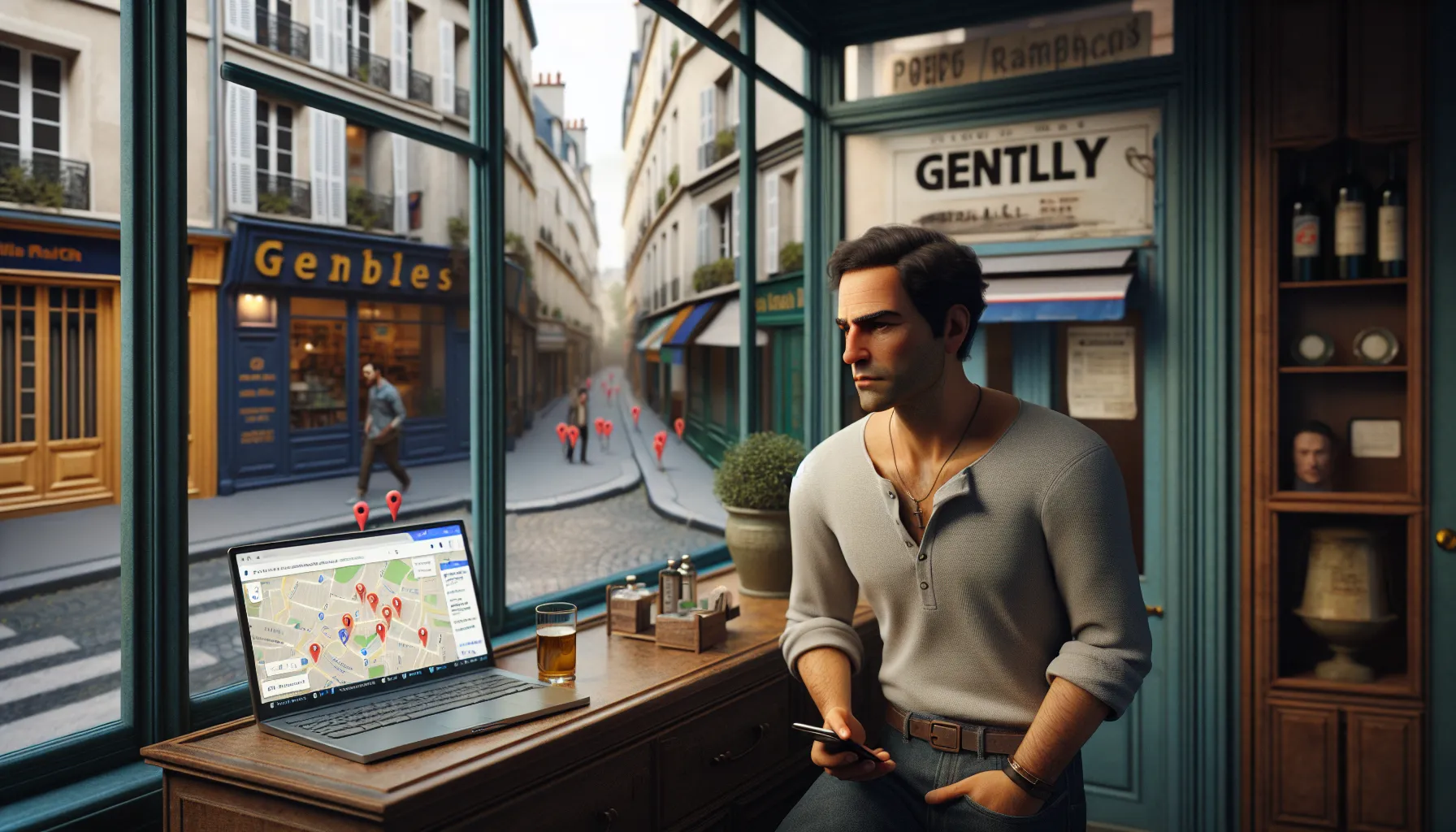 Gentilly shop owner checks Google and Maps listings for local business visibility.