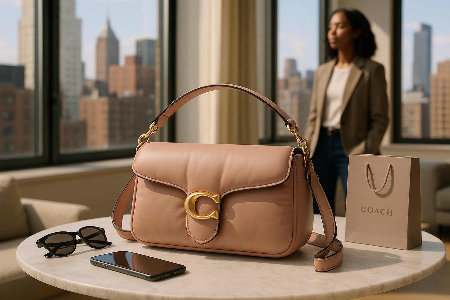 Coach Tabby handbag on table in a bright modern apartment.