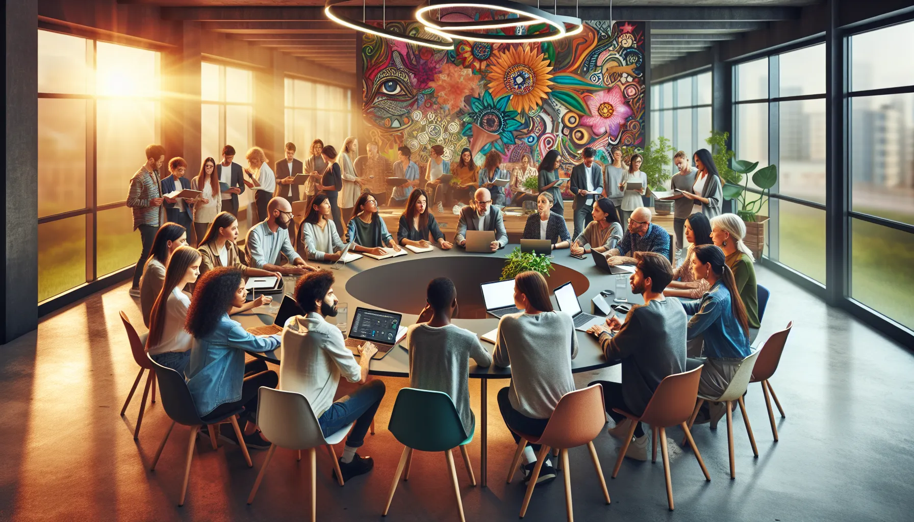 diverse group collaborating in a modern workshop setting.