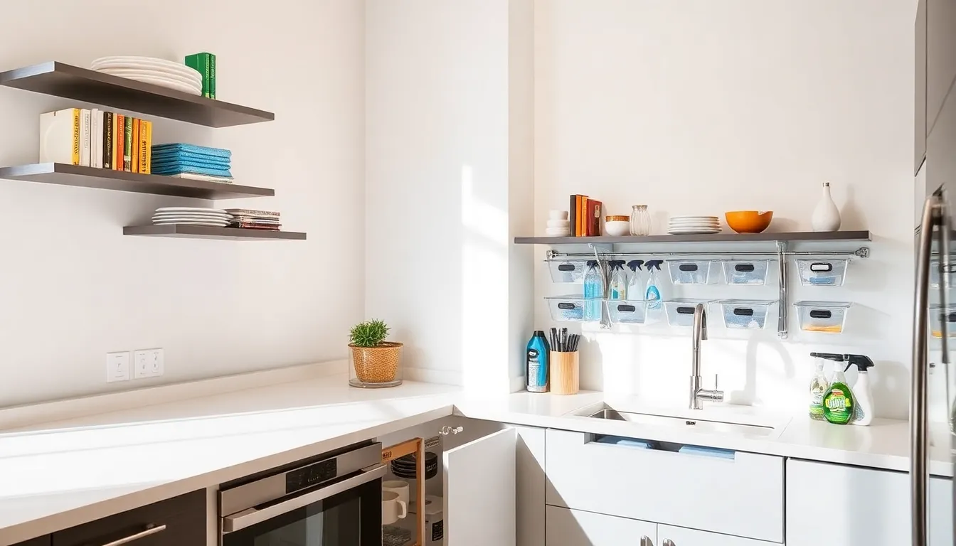 modern kitchen with innovative storage solutions and organized shelves.