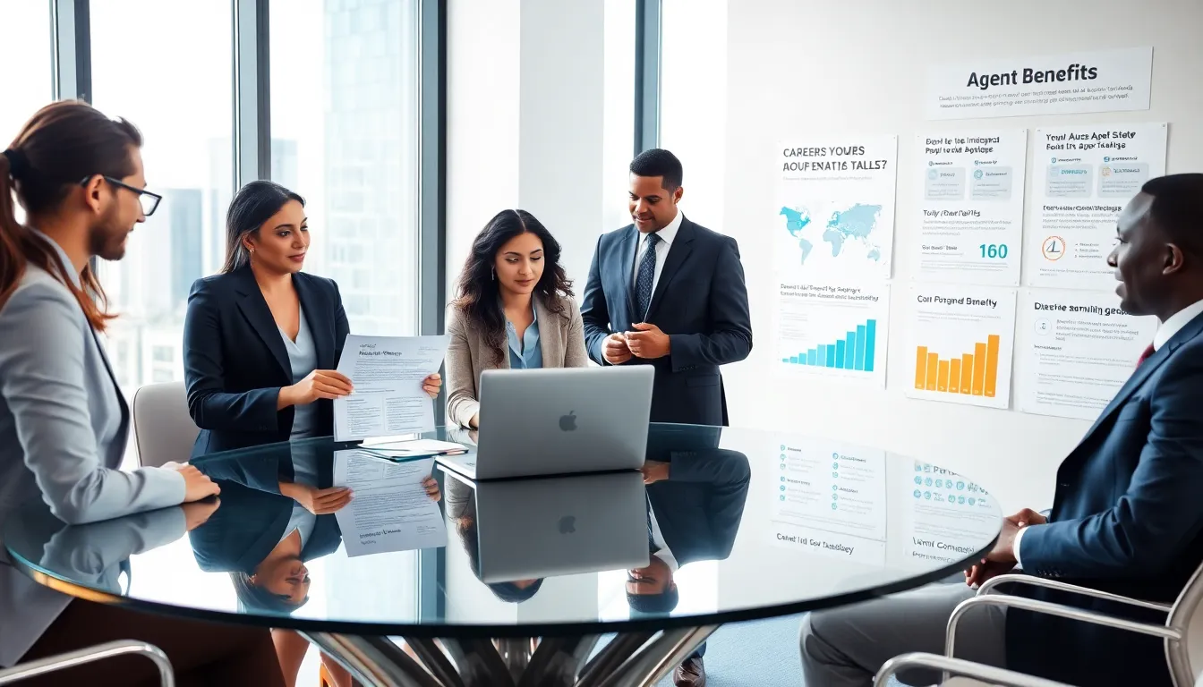 diverse real estate agents discussing benefits in a modern office.