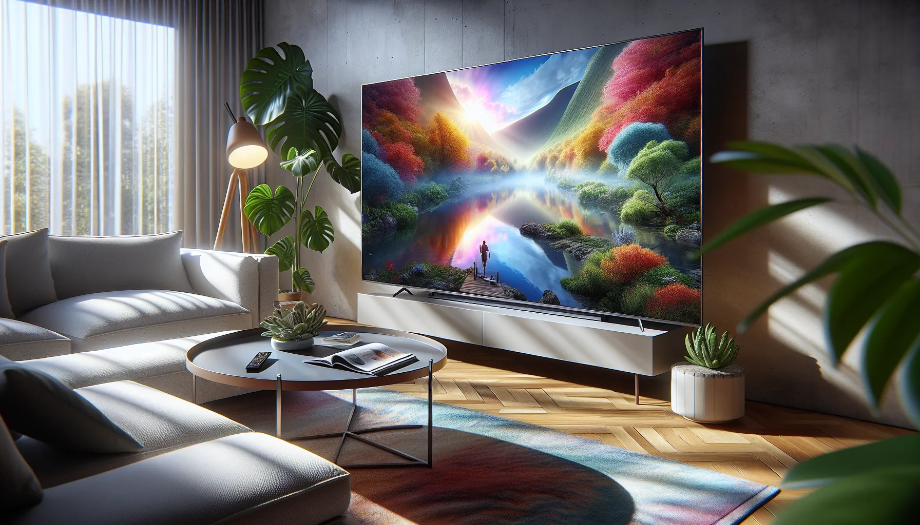 a modern living room with a bright QLED television displaying vibrant colors.