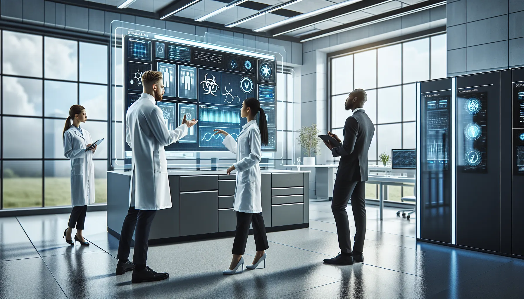 diverse team collaborating on biohazard monitoring technology in a lab.