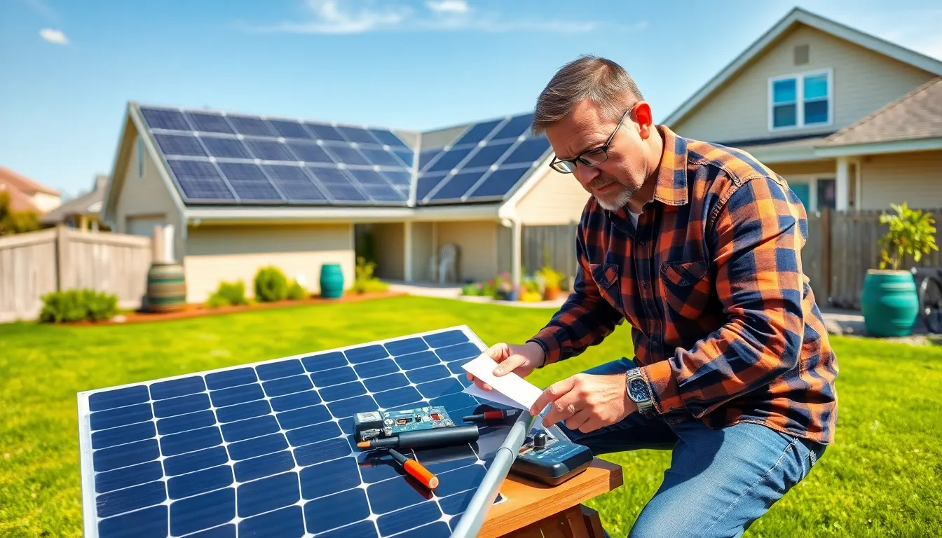 A man assembling DIY solar panels in a suburban backyard.