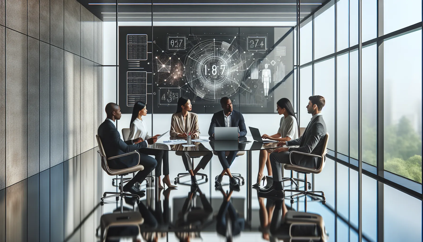 diverse team discussing numerical data in a modern office.