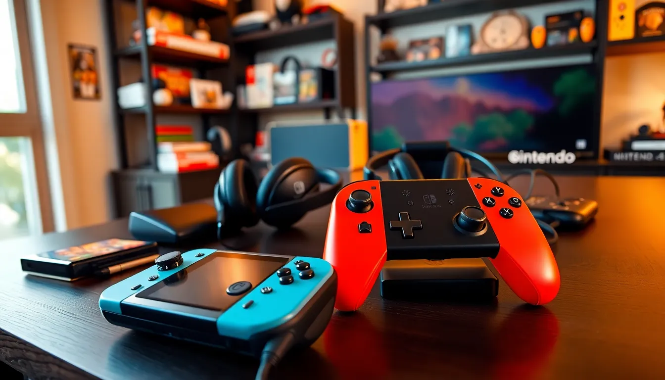 A Nintendo gaming setup with a controller, headset, and power bank.
