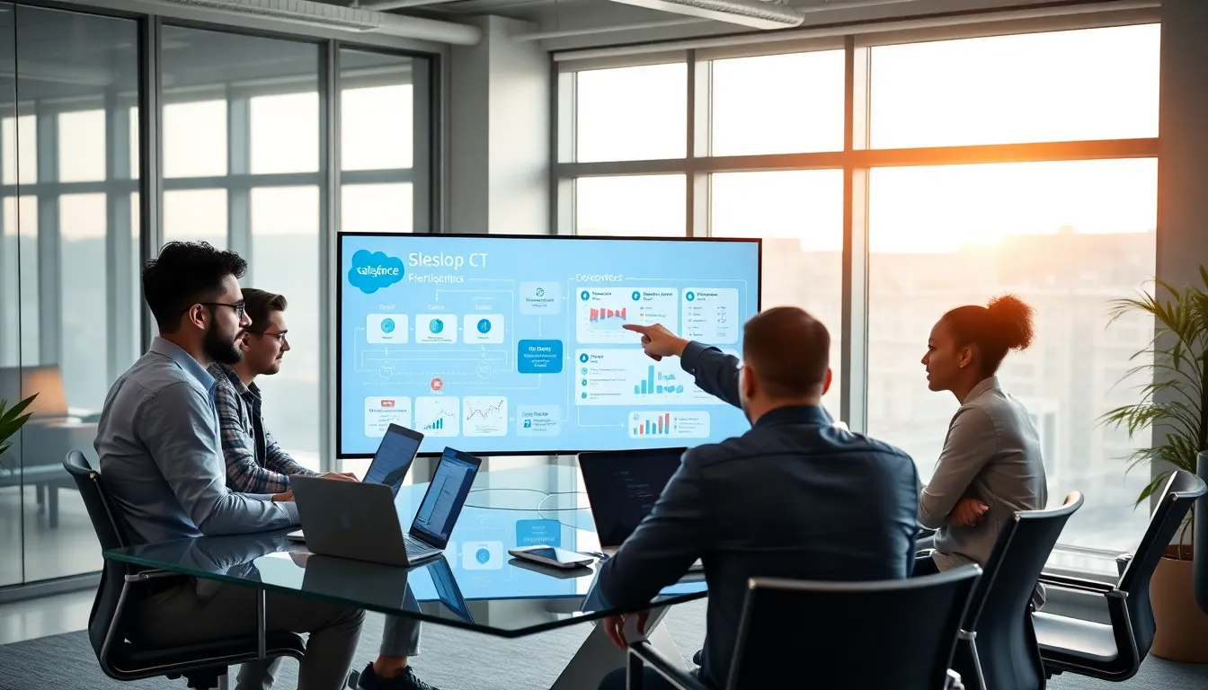 diverse team collaborating on Salesforce DevOps solutions in a modern office.