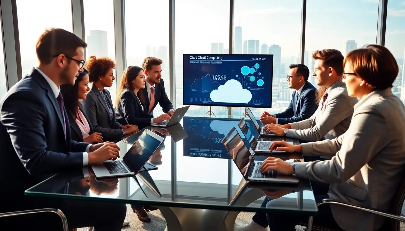diverse team discussing cloud computing in a modern office.