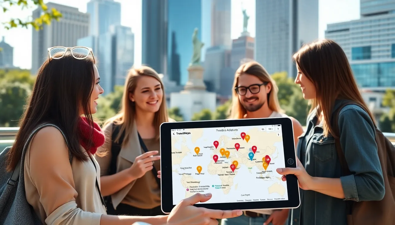 diverse travelers exploring TweakMaps on a tablet in an urban setting.
