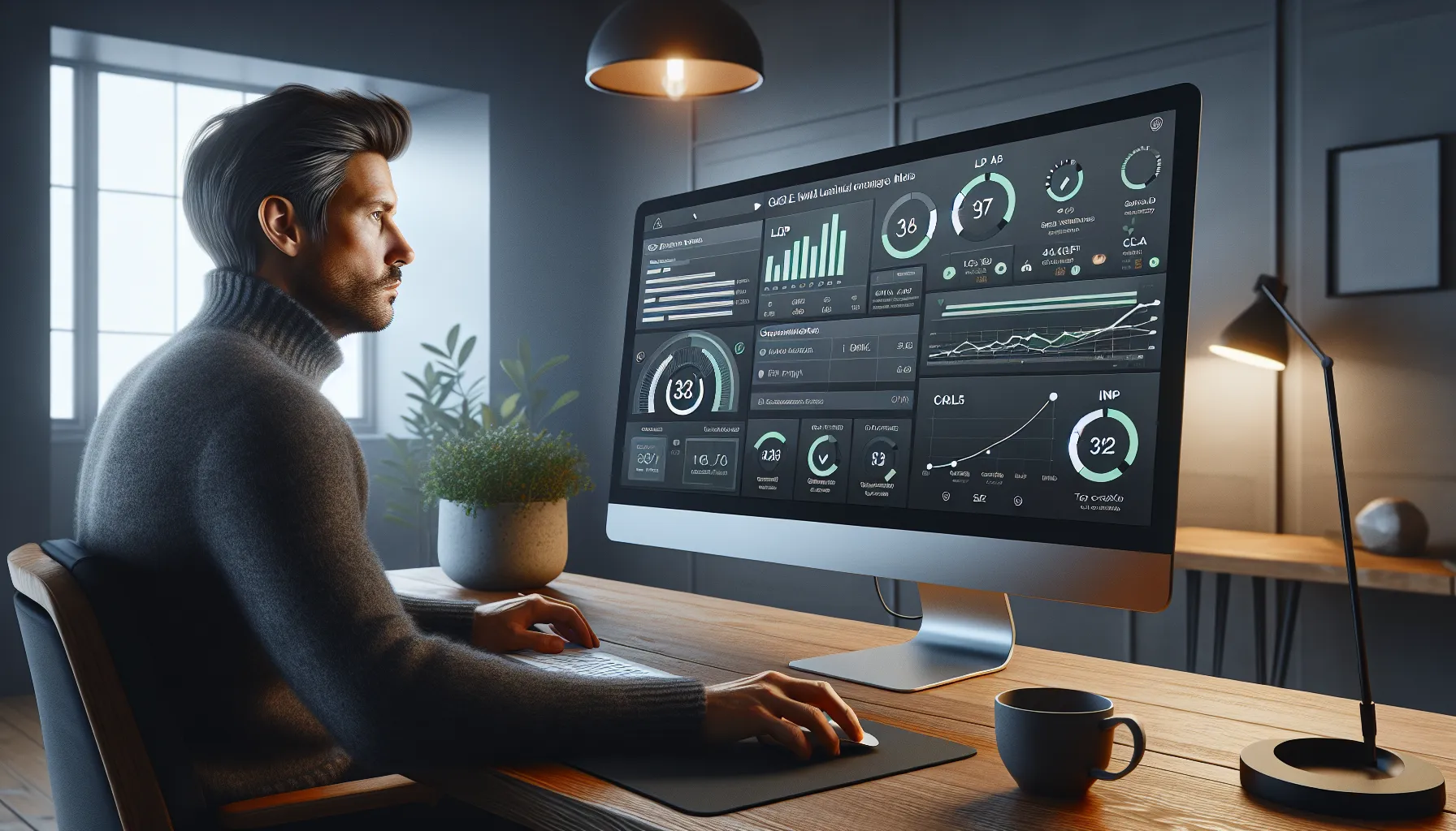 Analyst reviews core web vitals dashboard with improved metrics in oslo office.