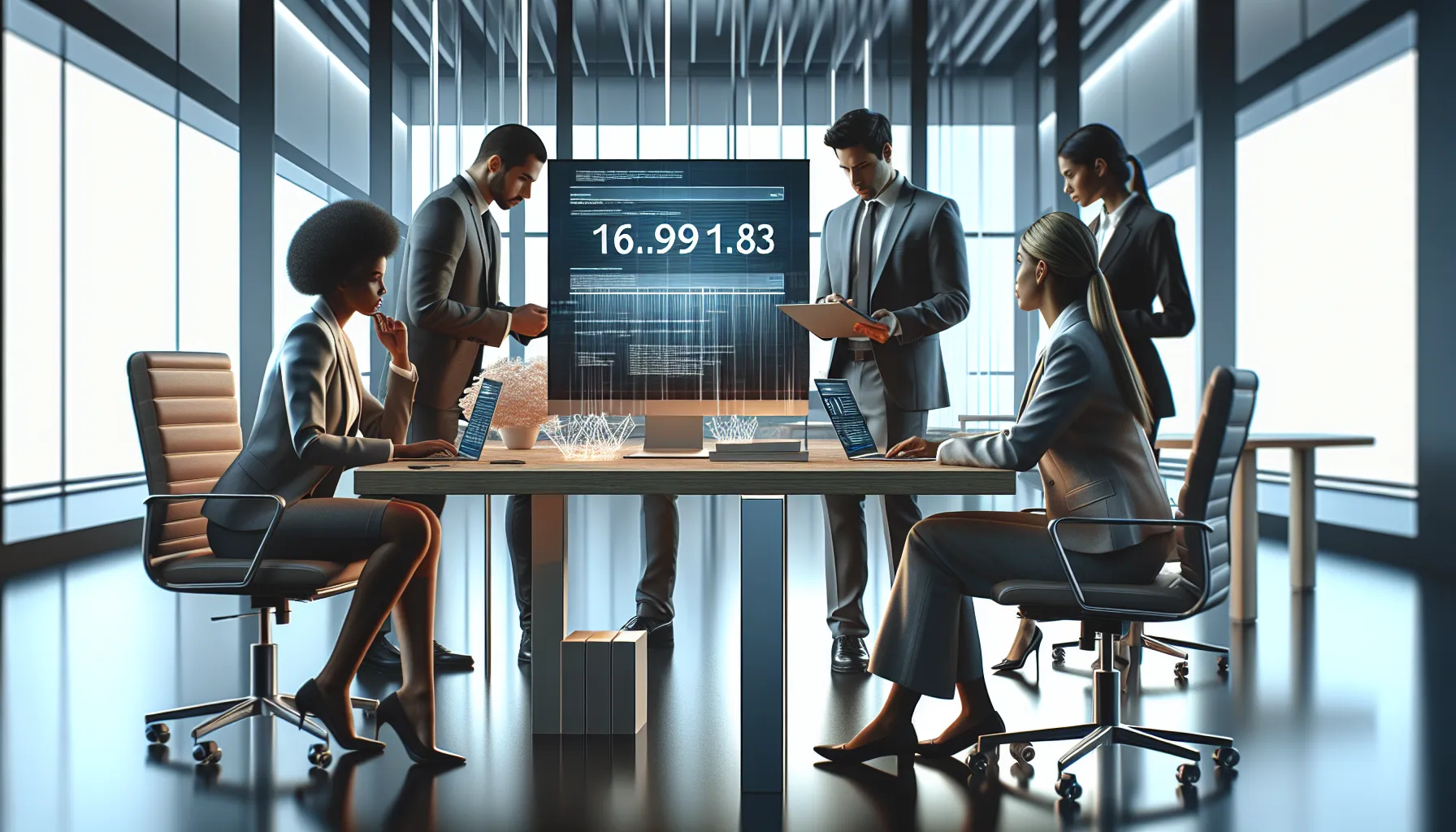 professionals discussing IP address in a modern office setting.