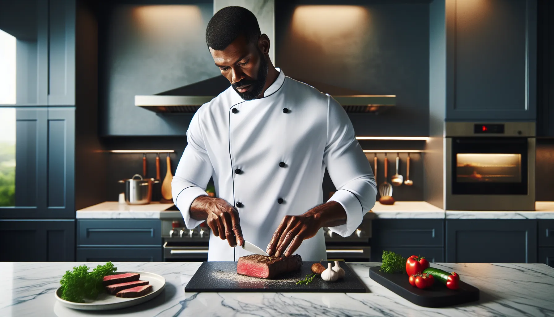 Chef preparing bison steak in a modern kitchen.