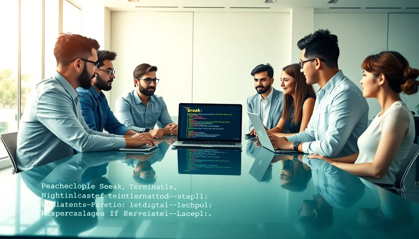 diverse team collaborating on Python programming in a modern office.