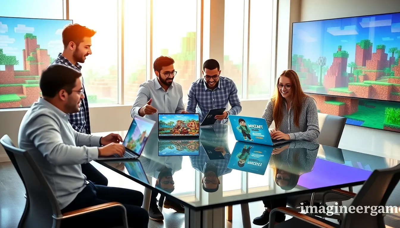 professionals collaborating on Minecraft game mods in a modern workspace.