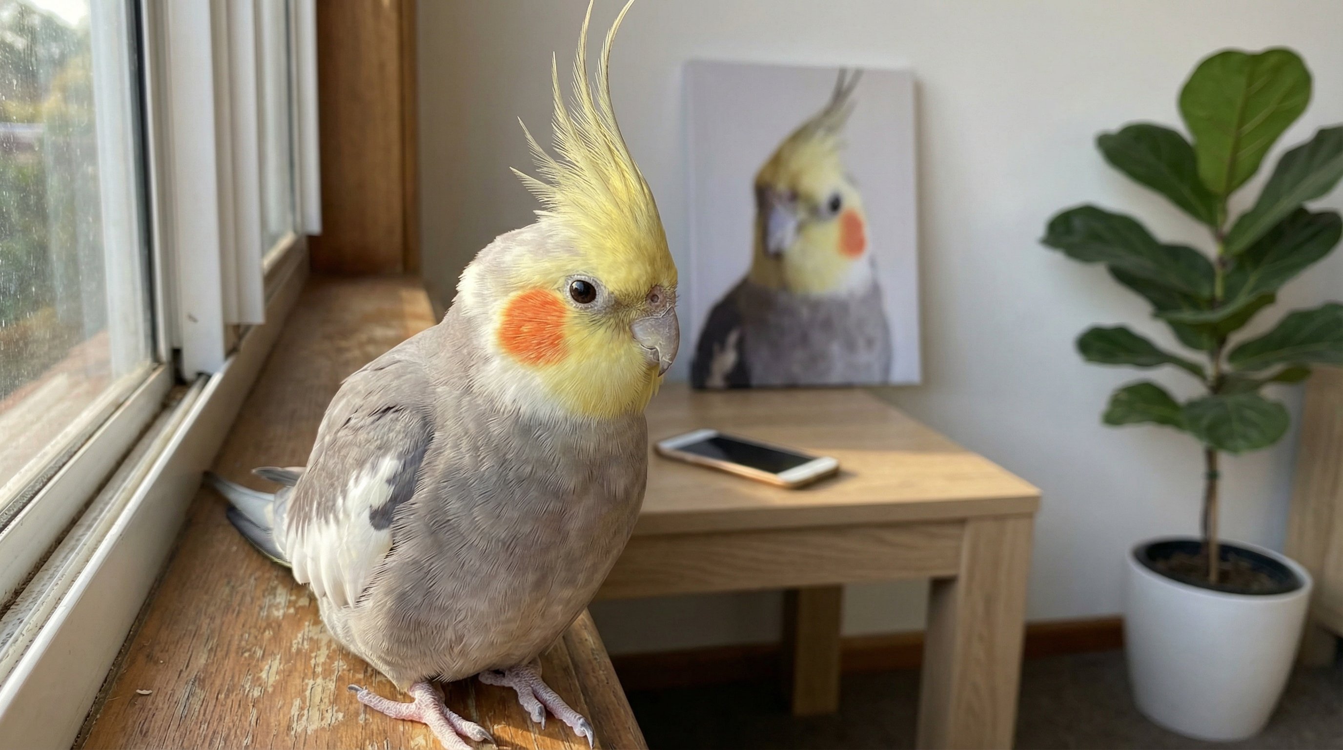 A cockatiel with raised crest perched on a sunlit windowsill indoors.