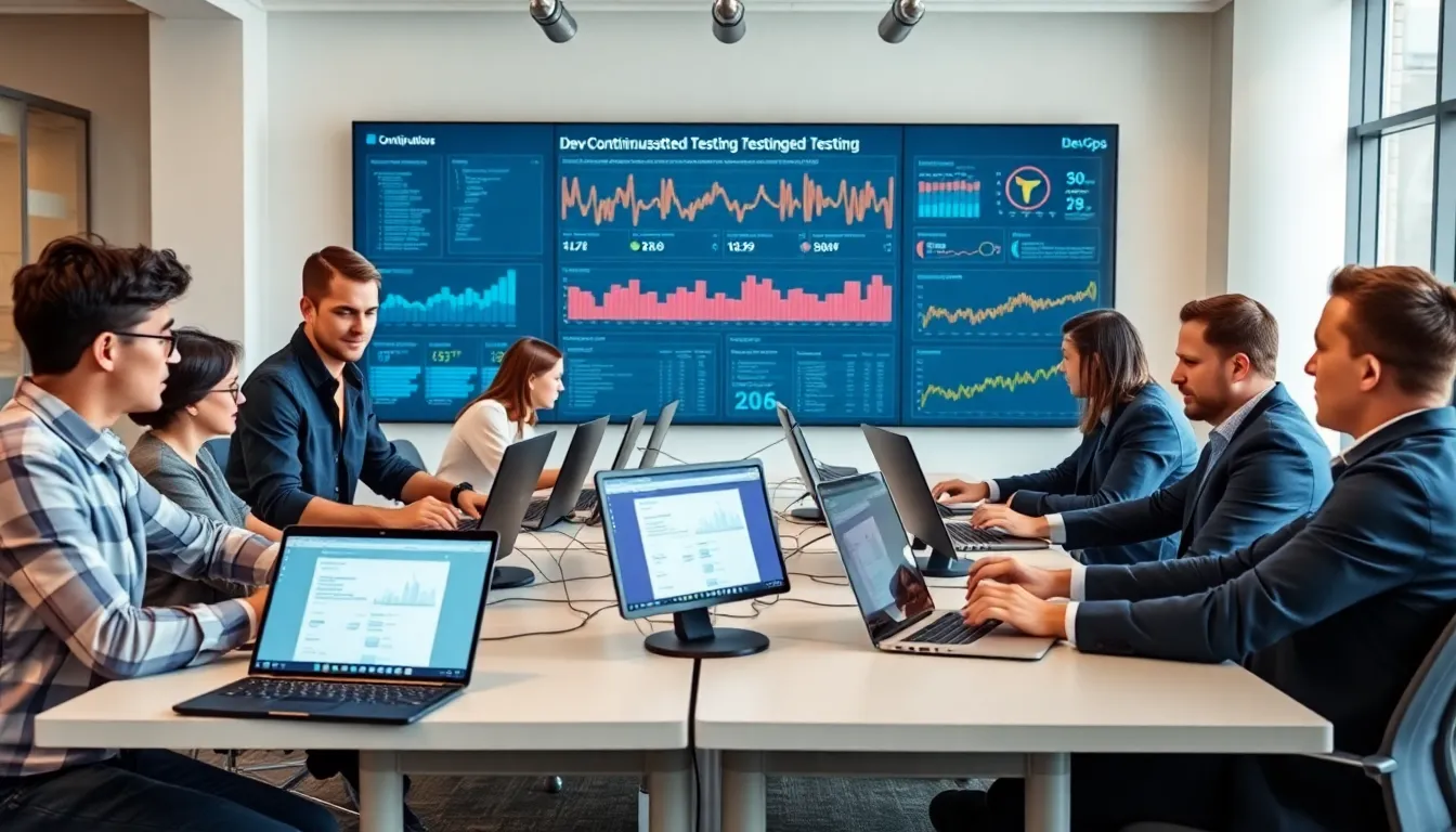 diverse software development team collaborating on continuous testing in an office.