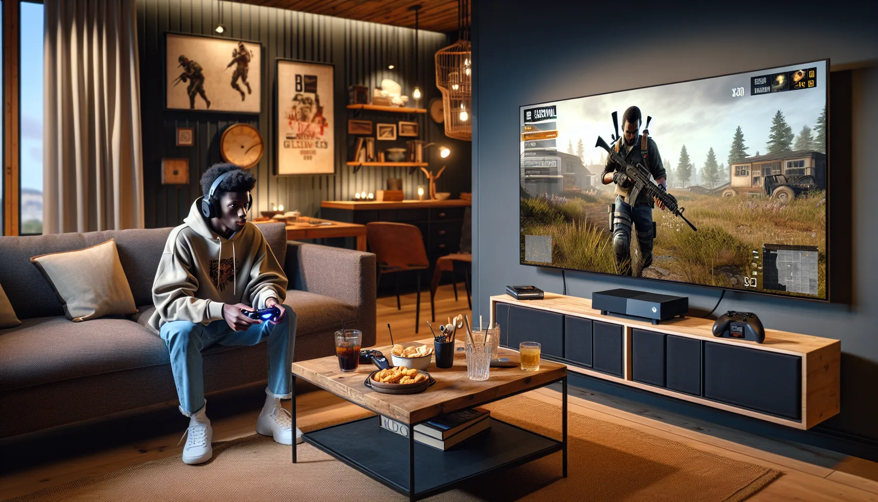 Gamer playing DayZ on Xbox One in a cozy living room.