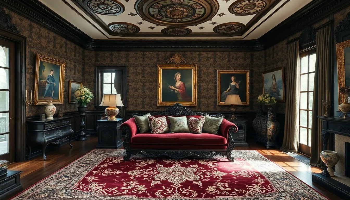 luxurious Victorian interior with ornate decor and eclectic art pieces.