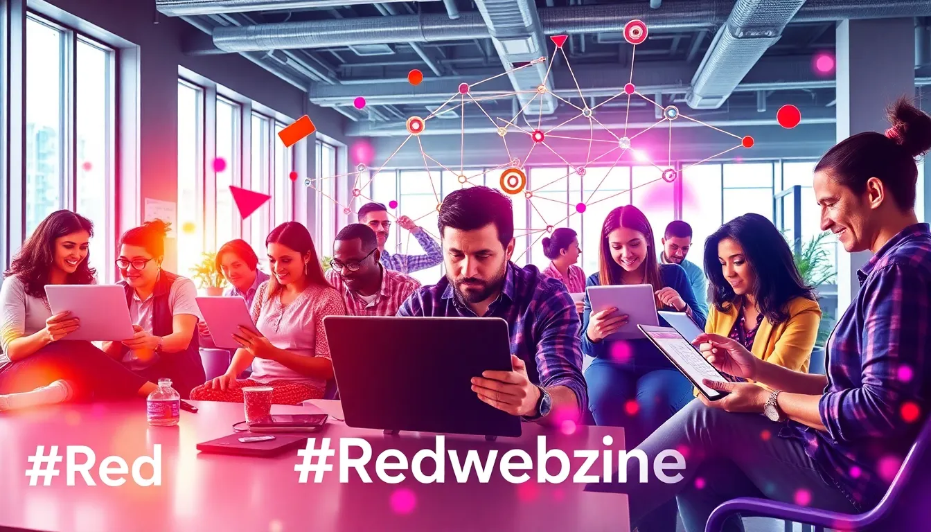 diverse creators collaborating in a modern workspace for #Redwebzine.
