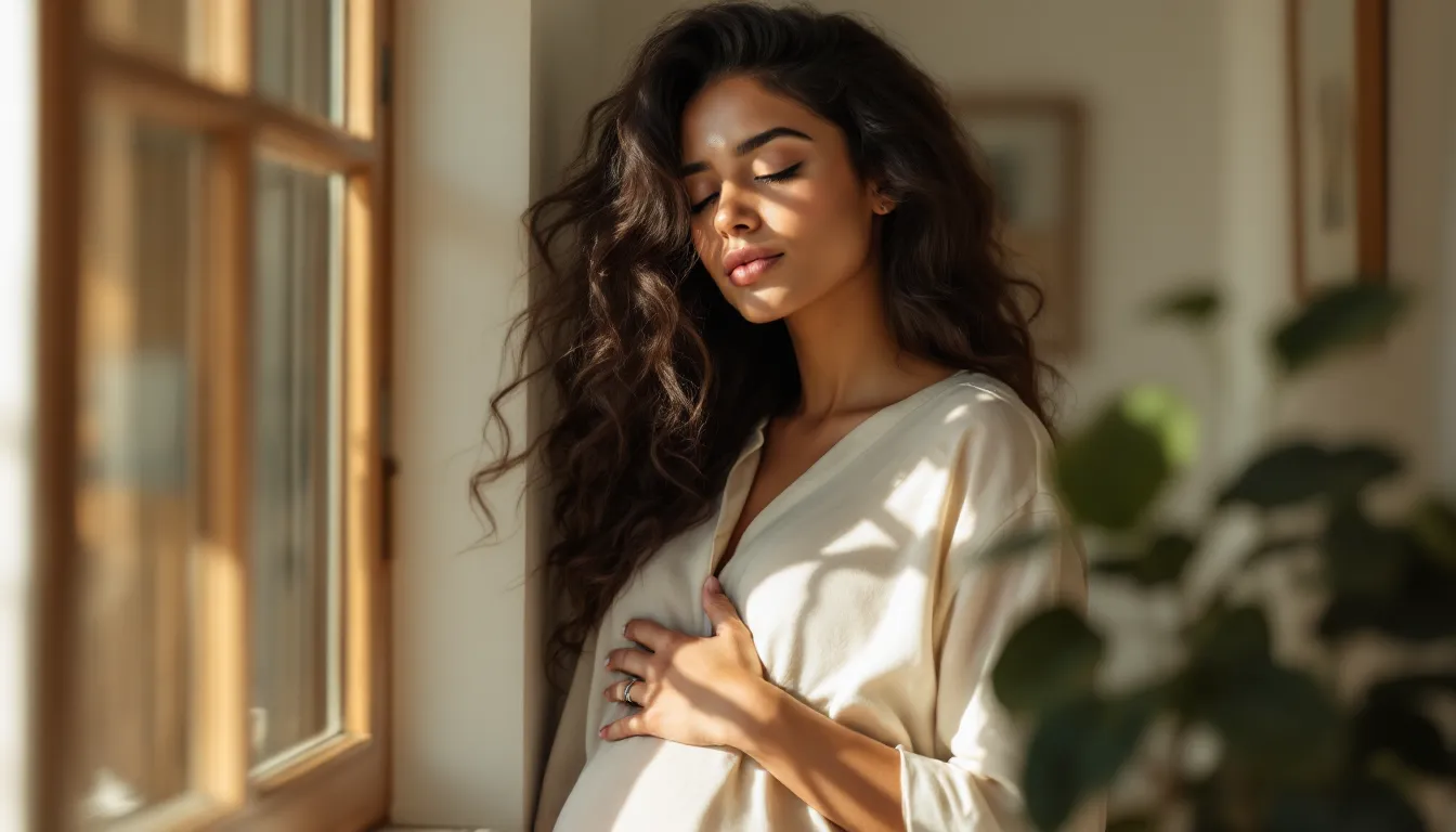 Woman with eyes closed, hand on belly, pausing to check her intuition at home.