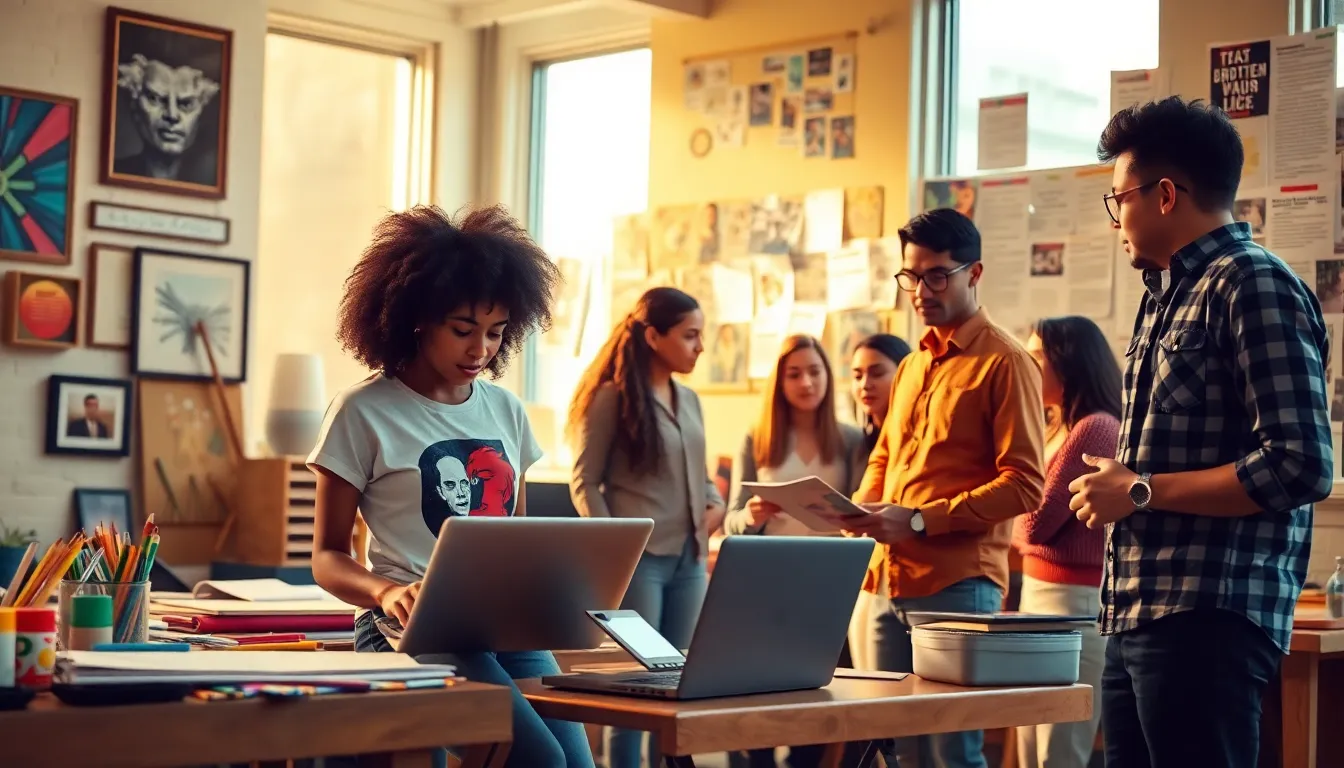a diverse group of people collaborating in a creative workspace.