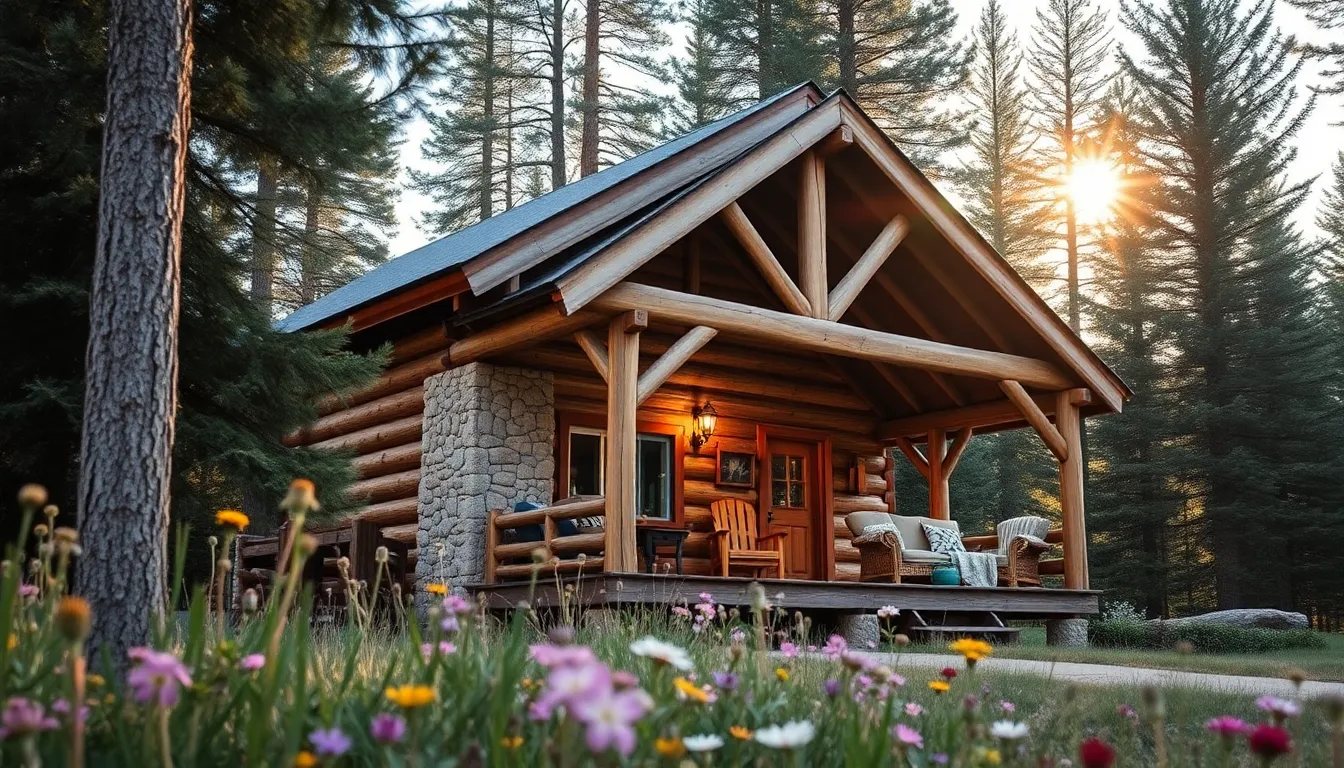 a cozy rustic cabin in a forest setting.