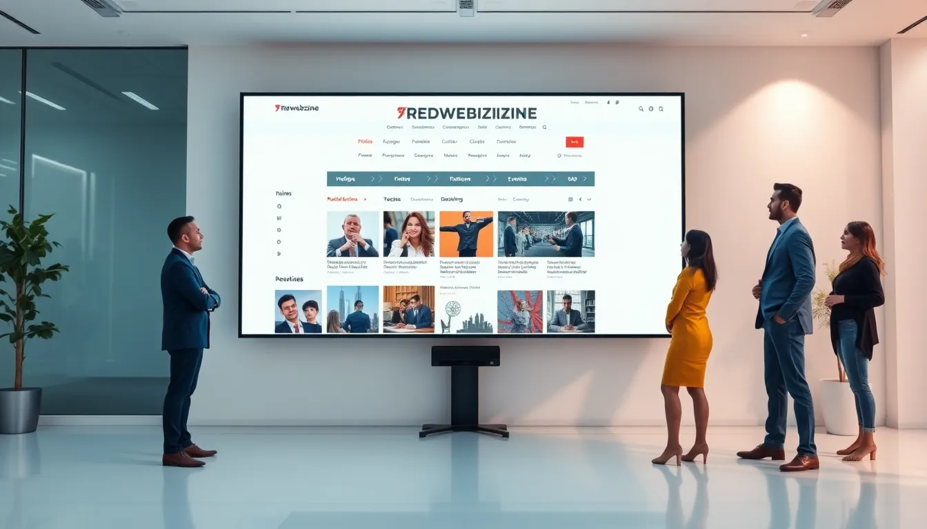 modern office showcasing Redwebzine archives on a large screen.