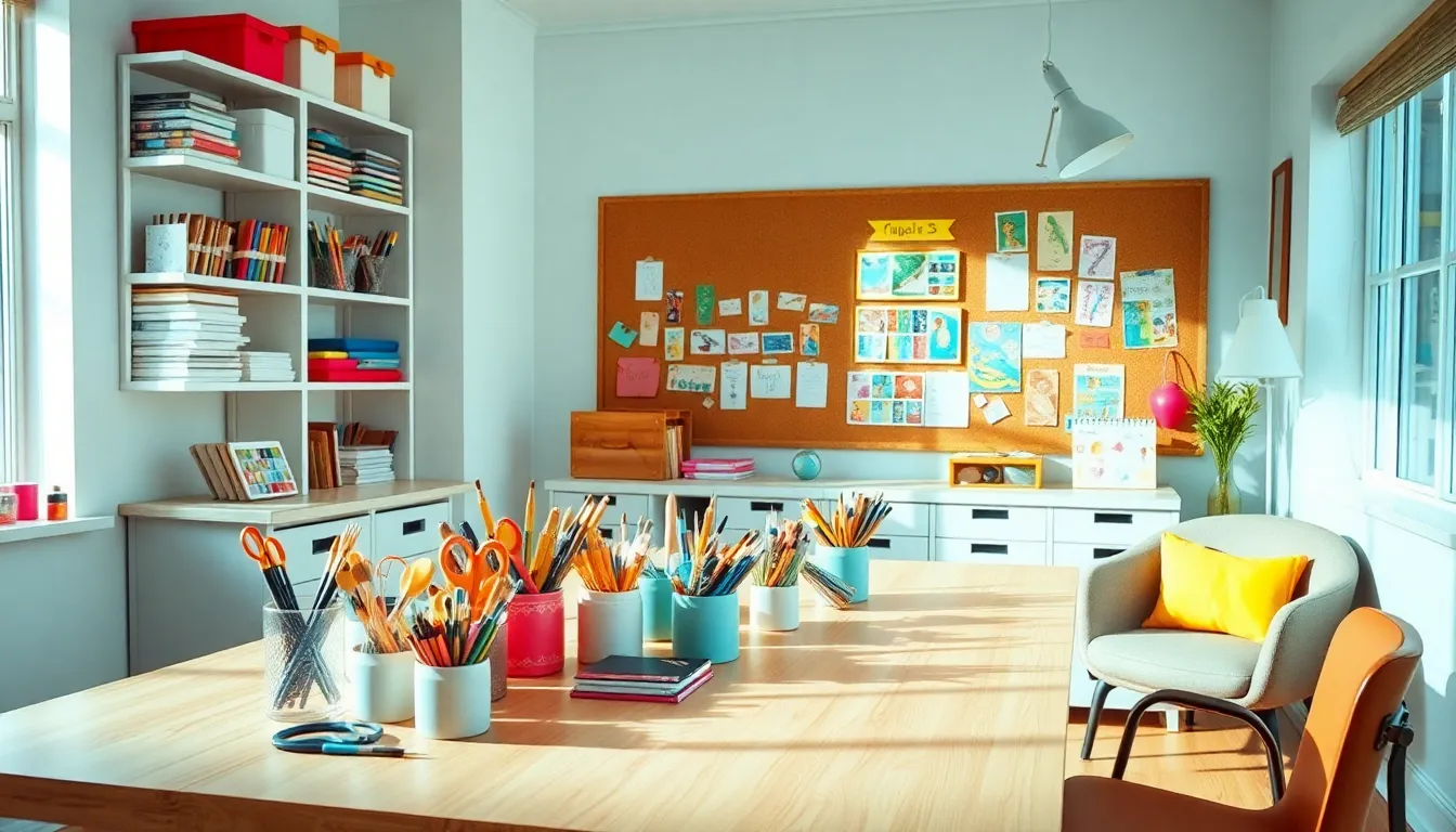 organized craft room with neatly arranged supplies and a bright atmosphere.