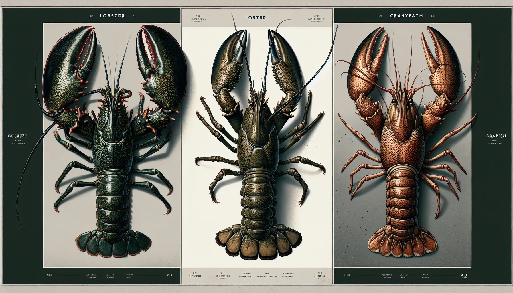 A lobster and a crayfish displayed side-by-side on a neutral background.
