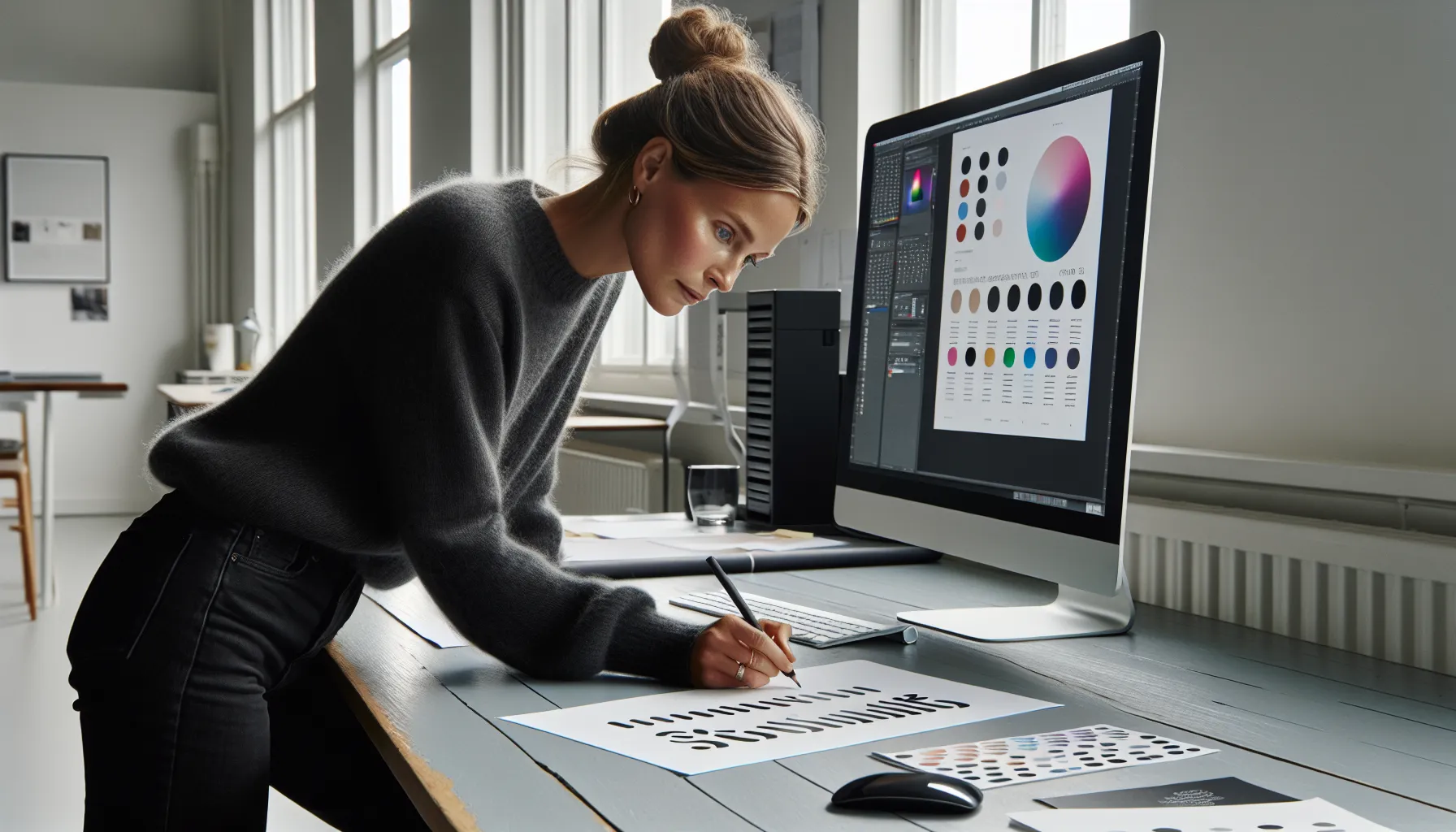 Hvordan forstå og bruke fargemoduser i grafisk arbeid 3 Norwegian designer comparing rgb screen preview with cmyk print proof in studio.