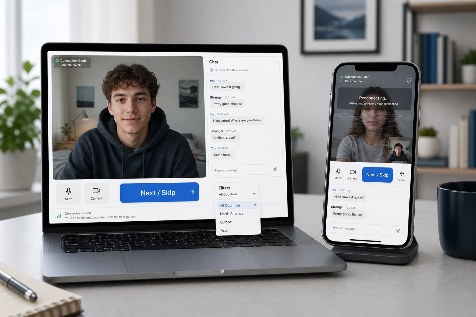 Laptop and phone showing video chat UI with prominent Next button.