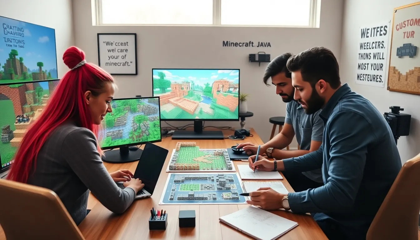 diverse gamers collaborating in a modern gaming room focused on Minecraft.