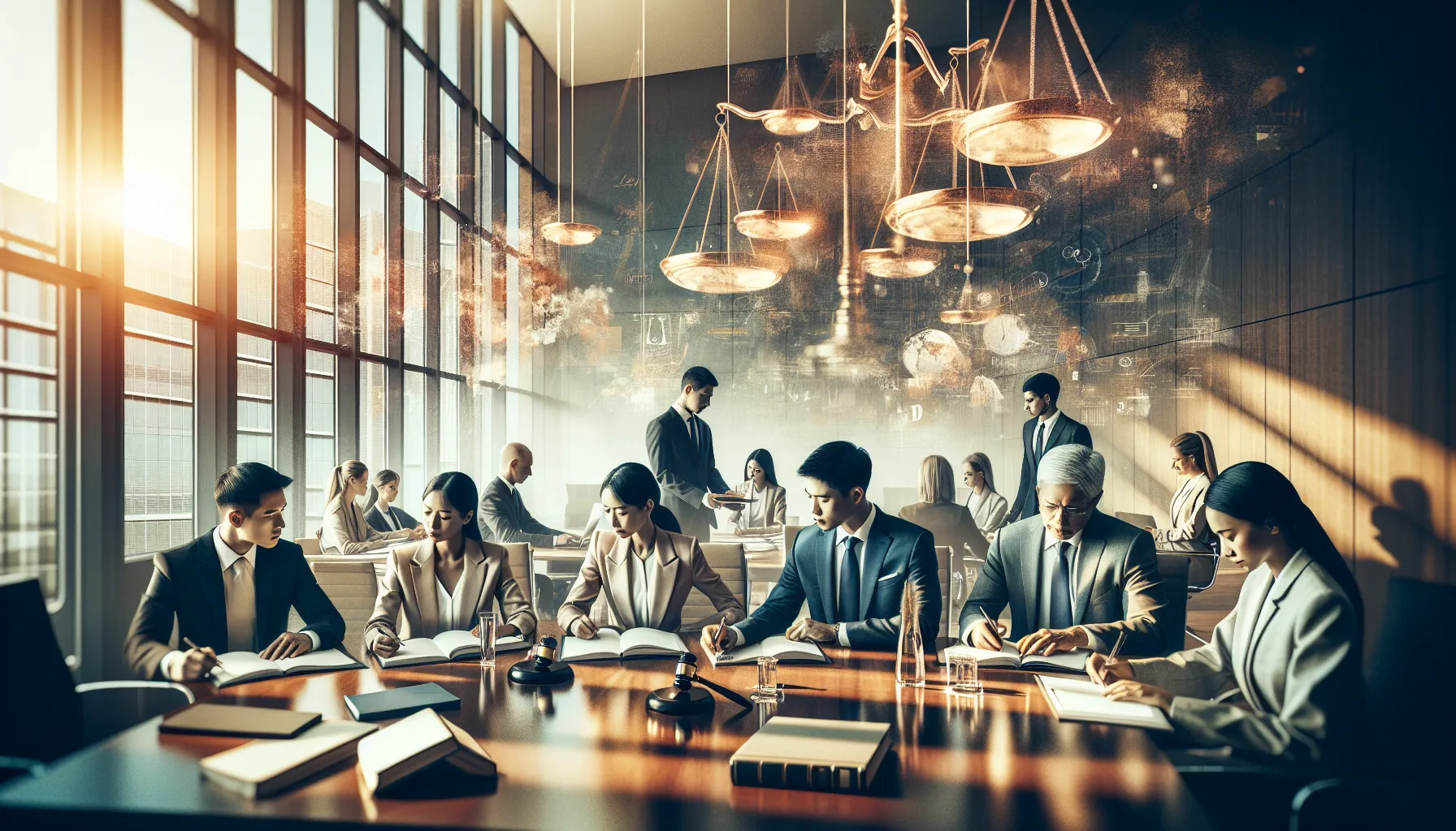 diverse legal team collaborating in a modern law office.