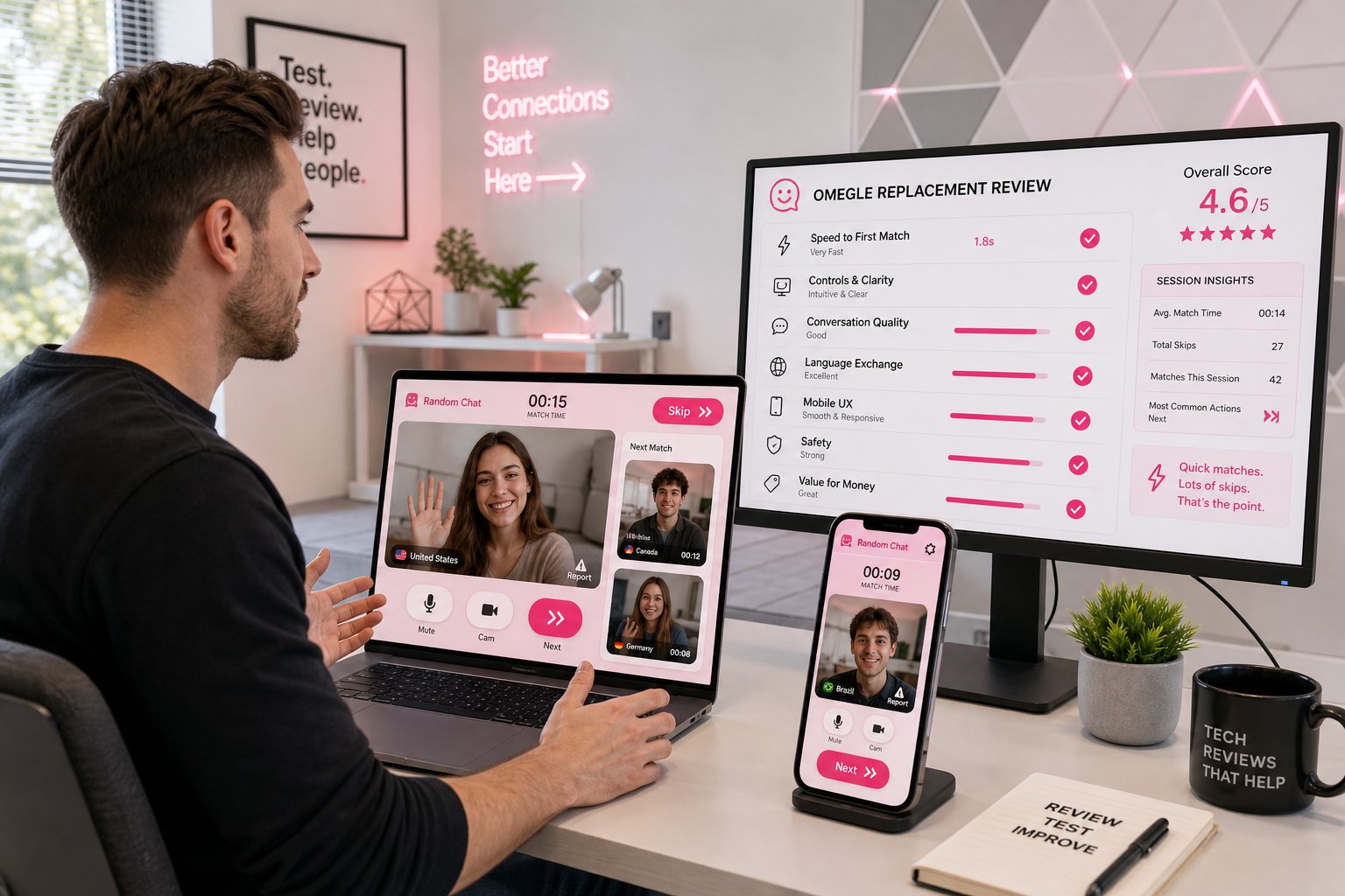 Reviewer evaluating a pink-themed random video chat app on laptop and phone.